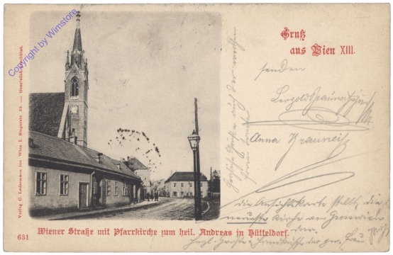 Wien 13, Wiener Strasse mit Pfarrkirche zum heil. Andreas in Hütteldorf