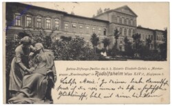 ak139398 Wien 14, Bettina-Stiftungs-Pavillon des k.k. Kaiserin Elisabeth-Spital u. Marmorgruppe "Krankenpfleger" in Rudolfsheim
