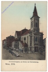 Wien 17, Kalvarienberggasse mit Kirche und Kalvarienberg