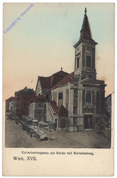 Wien 17, Kalvarienberggasse mit Kirche und Kalvarienberg