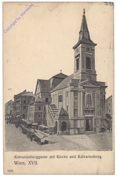 Wien 17, Kalvarienberggasse mit Kirche und Kalvarienberg