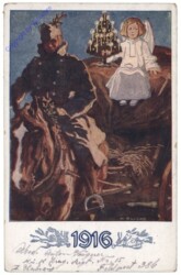 Soldat auf Pferd mit Engerl und Christbaum, 1916