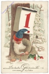 Zwerg mit Glas Wein unter dem Kalender