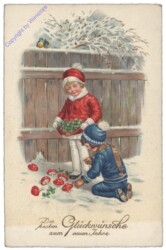 Kinder finden Fliegenpilze und Kleeblätter im Schnee