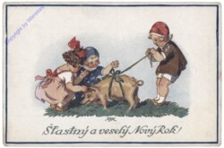 Kinder spielen mit Glücksschwein
