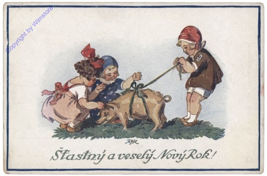 Kinder spielen mit Glücksschwein