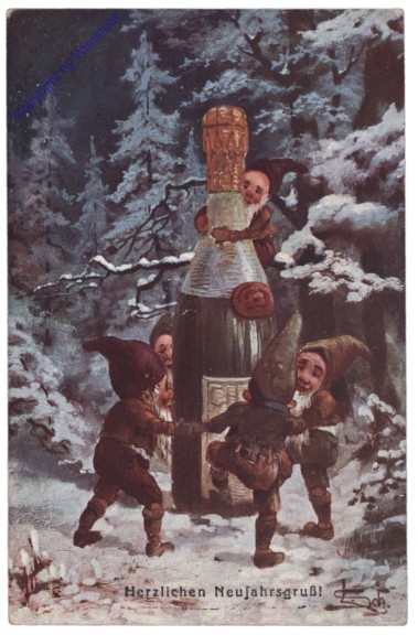 Zwerge tanzen um eine Sektflasche