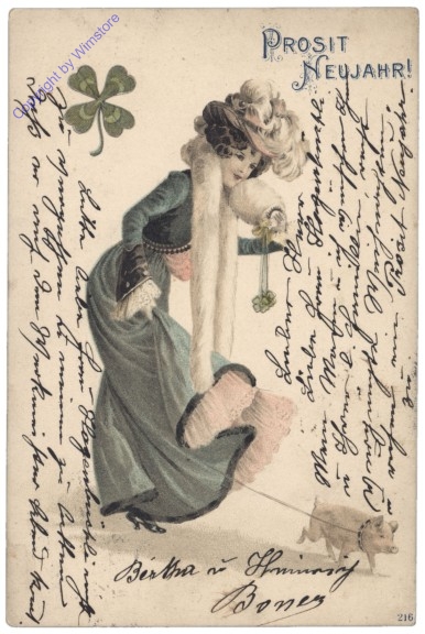 Dame mit Ferkel an der Leine