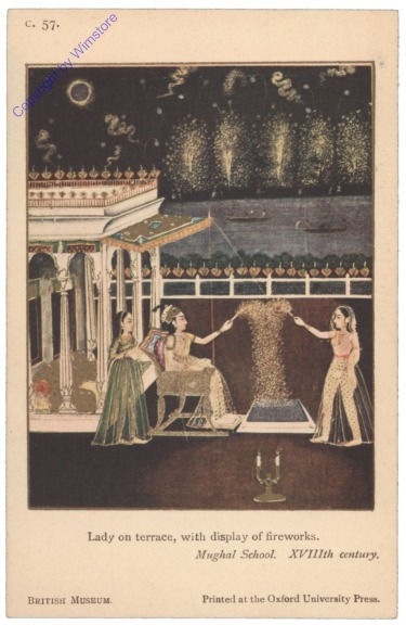 London, British Museum, Lady on terrace, with display of fireworks