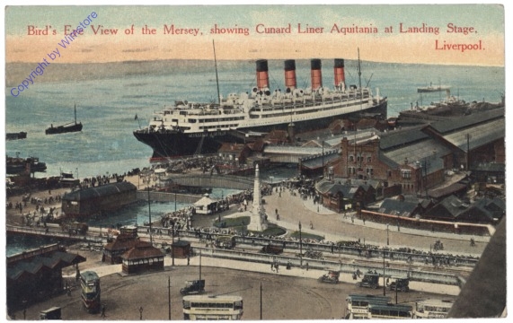 Liverpool, Bird's Eye View of the Mersey, showing Cunard Liner Aquitania at Landing Stage