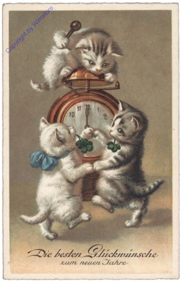 ak146767 Katzen spielen mit Uhr - Neujahr