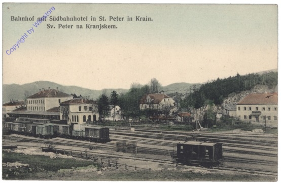 Kranj (Krainburg), Bahnhof mit Südbahnhotel in St. Peter