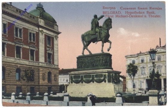 ak147159 Belgrad, Hypotheken Bank, Fürst Michael-Denkmal u Theater