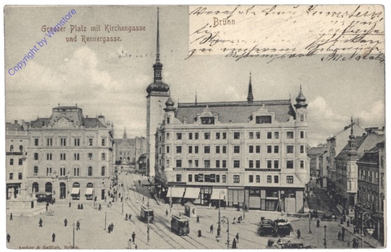 Brno (Brünn), Großer Platz mit Kirchengasse und Rennergasse