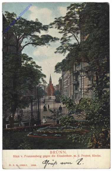 Brno (Brünn), Blick v. Franzensberg gegen die Elisabethstr. m.d. Protest. Kirche