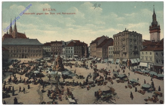 Brno (Brünn), Krautmarkt gegen den Dom und Rathausturm