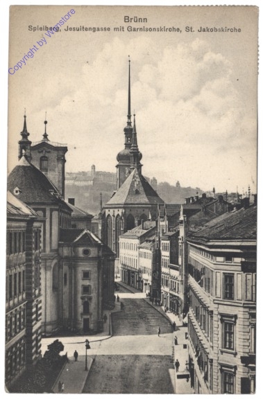 Brno (Brünn), Spielberg, Jesuitengasse mit Garnisonskirche, St. Jakobskirche
