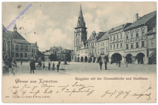 Chomutov (Komotau), Ringplatz mit der Decanalkirche und Stadthaus