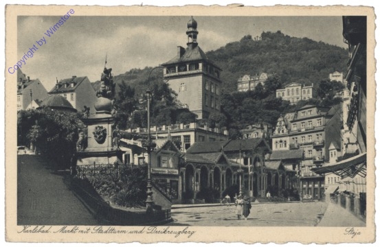 Karlovy Vary (Karlsbad), Markt mit Stadtturm und Dreikreuzberg