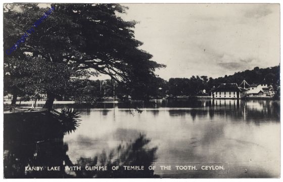 Ceylon, Kandy lake with glimpse of temple of the tooth