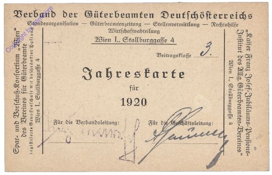 ak161848 Mitgliedskarte für den Verein der Gütenbeamten für 1920