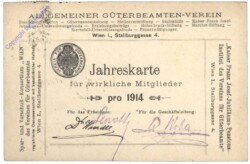 Mitgliedskarte für den Allgemeinen Güterbeamten-Verein für 1914