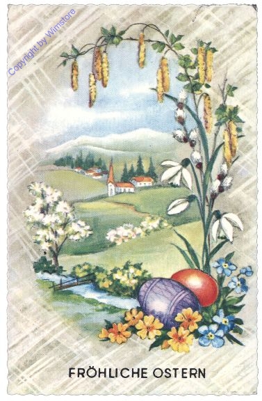 Zweige und Blumen mit Kirche