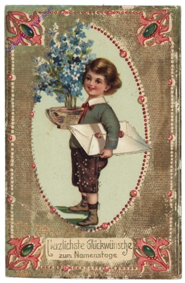 Kind mit Blumen und Karte, Namenstag