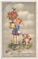 Mädchen mit Rosentopf und Hund, Namenstag