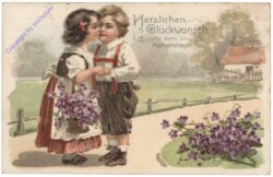 Mäderl gibt Buben ein Busserl, Namenstag