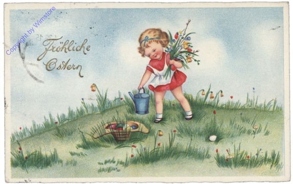 Mädchen mit Blumen und Gieskanne