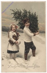 Geschwister holen den Christbaum