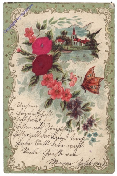 ak164905 Ortschaft mit Schmetterling und Blumen