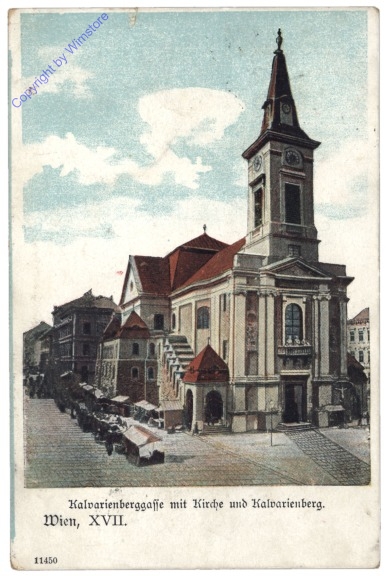 Wien 17, Kalvarienberggasse mit Kirche und Kalvarienberg