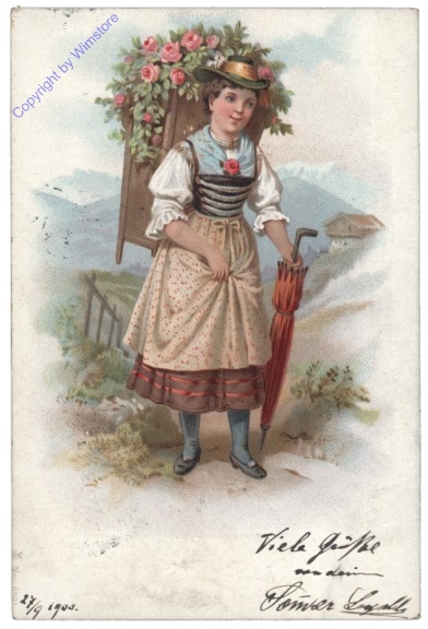 Dame mit Blumenschütte in Tracht