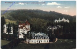 Marianske Lazne (Marienbad), Blick auf Cafe Bellevue u. Schloss Miramonte