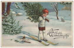Kind auf Ski mit geschlagener Tanne