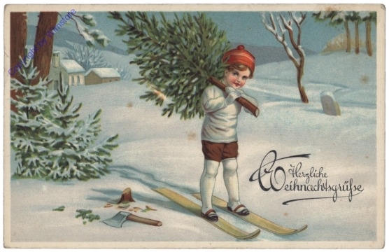 Kind auf Ski mit geschlagener Tanne