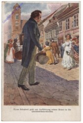 Schubert Franz, geht zur Aufführung seiner Messe in die Liechtenthaler-Kirche