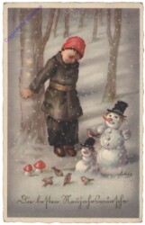 Kind im Schnee mit Schneemännern
