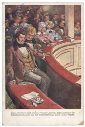 Schubert Franz, mit seinem Freunde Anselm Hüttenbrenner im Kärntnertortheater bei der Erstaufführung einer seiner Opern