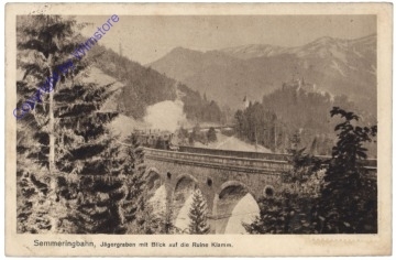 Semmering, Semmeringbahn, Jägergraben mit Blick auf die Ruine Klamm