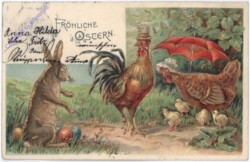 Kücken, Hahn mit Henne und Kücken