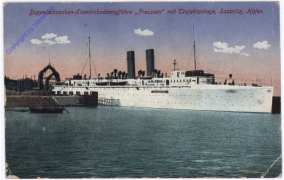 Doppelschrauben-Eisenbahndampffähre "Preussen" mit Trajektanlage, Sassnitz, Hafen