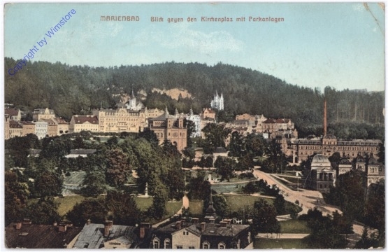 Marianske Lazne (Marienbad), Blick gegen den Kirchenplatz mit Parkanlagen