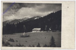 Hirschwang, Blick von der Knofeleben mit dem Naturfreundehaus gegen Krummbachstein