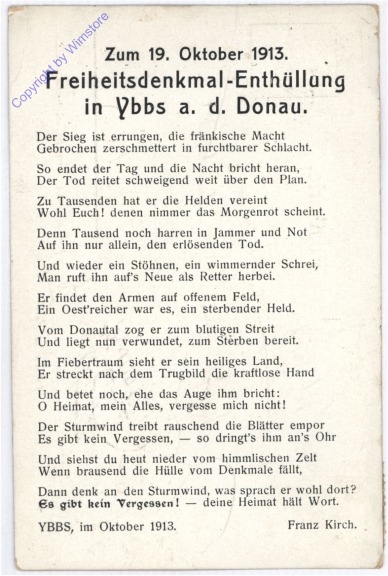 ak179574 Ybbs, Vers zum Freiheitsdenkmal-Enthüllung