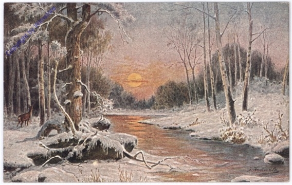 Reh am verschneiten Flussufer