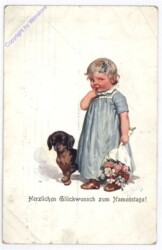 Kleinkind mit Hund und Blumen, Namenstag