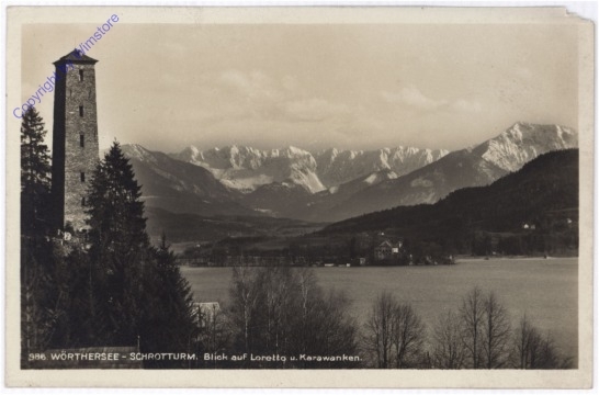 Wörthersee, Schrotturm, Blick auf Loretto und Karawanken